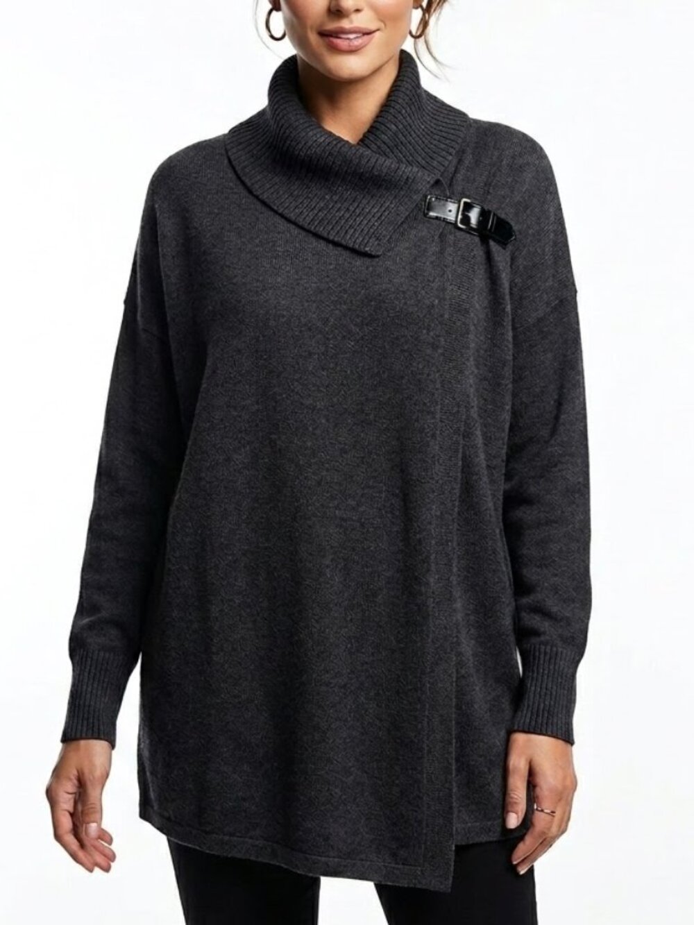 89th & Madison Dark Academia Charcoal Gray Buckle Cowl Neck Poncho Sweater XL